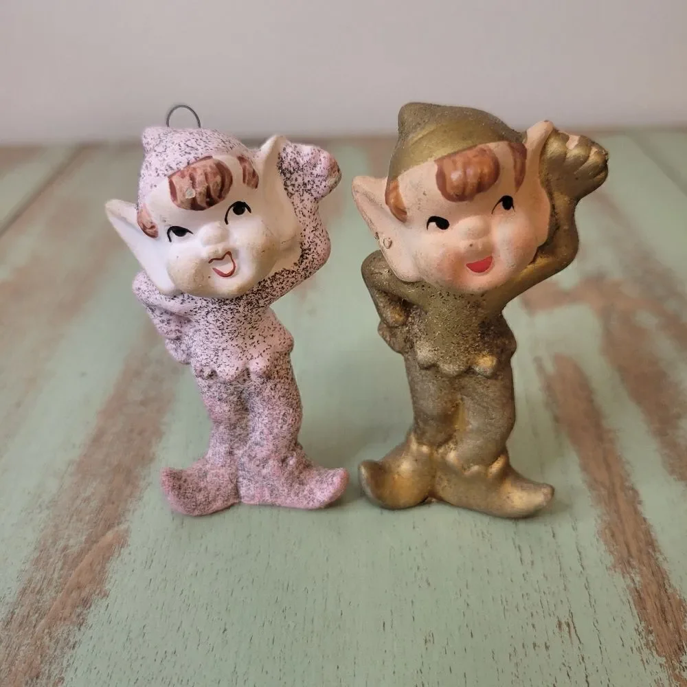 Vintage 1960's Mica Glitter Commodore Christmas Pixie Elf Pair